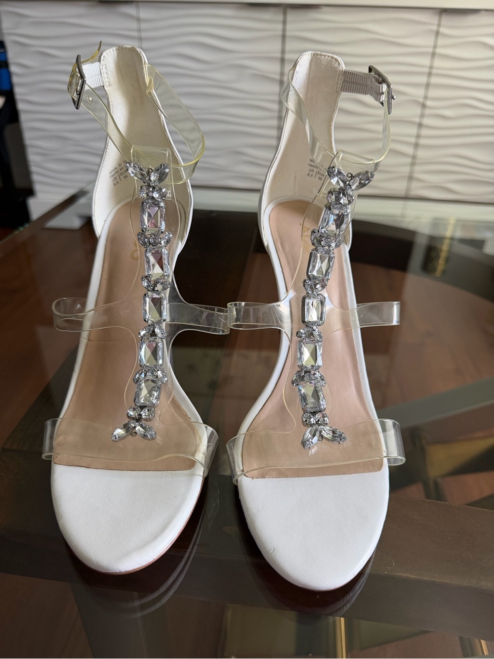 Aldo White Heeled Sandals with Clear T-Straps and Crystal Embellishments